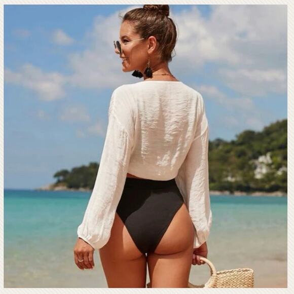 NEW boho beach white long sleeve cover up white sheer wrap top medium - Picture 3 of 4